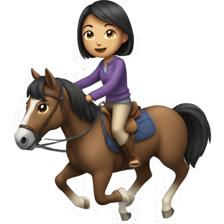 Asian teen girl with short hair riding horse emoji