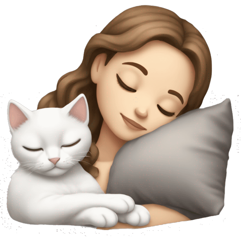 White girl brown hair sleeping with light grey kitten emoji