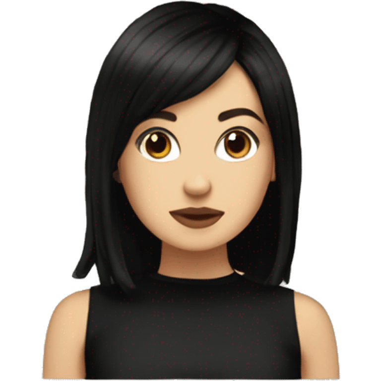 White girl with black medium length hair and curtain bangs and black crop top emoji