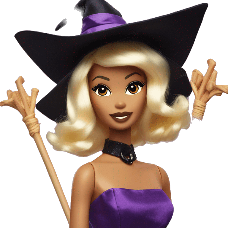 three photogenic silkstone Barbie witches enchanted TV series flying on broomsticks emoji