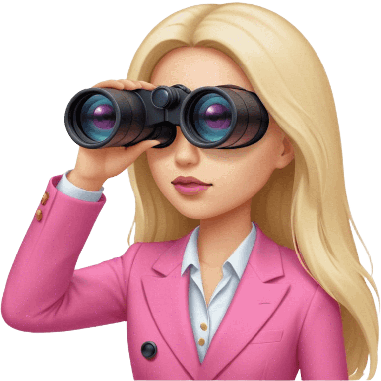 futuristic-looking woman with long hair in an intensive color pink suit looking through two-eyed binocular, viewed from an angled perspective emoji