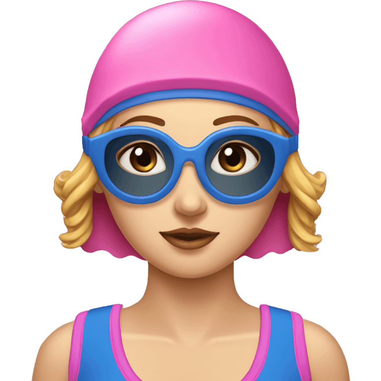 Lady pink swimming cap black lenses googles blue swimsuit  emoji