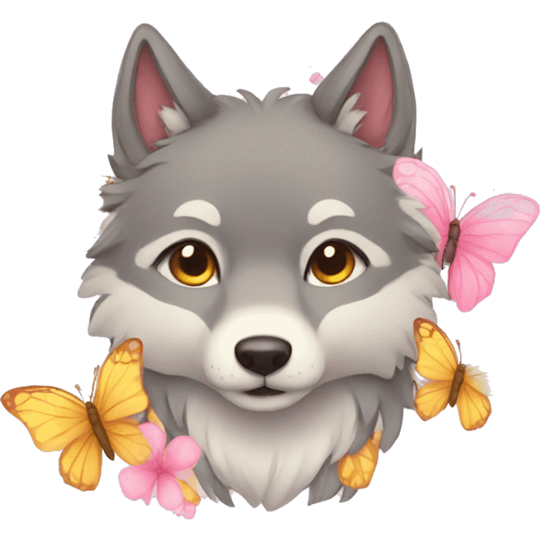 a kawaii wolf with butterflies emoji