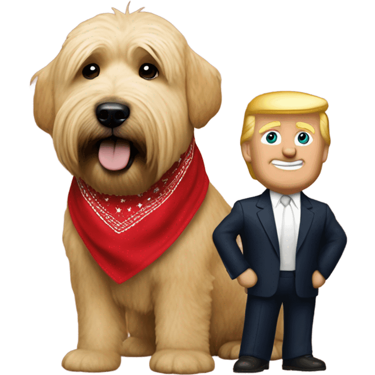 President Donald trump with a wheaten terrier wearing a red bandana emoji