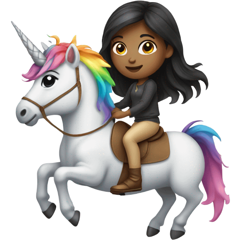 Girl-dark hair-riding-rainbow-unicorn emoji