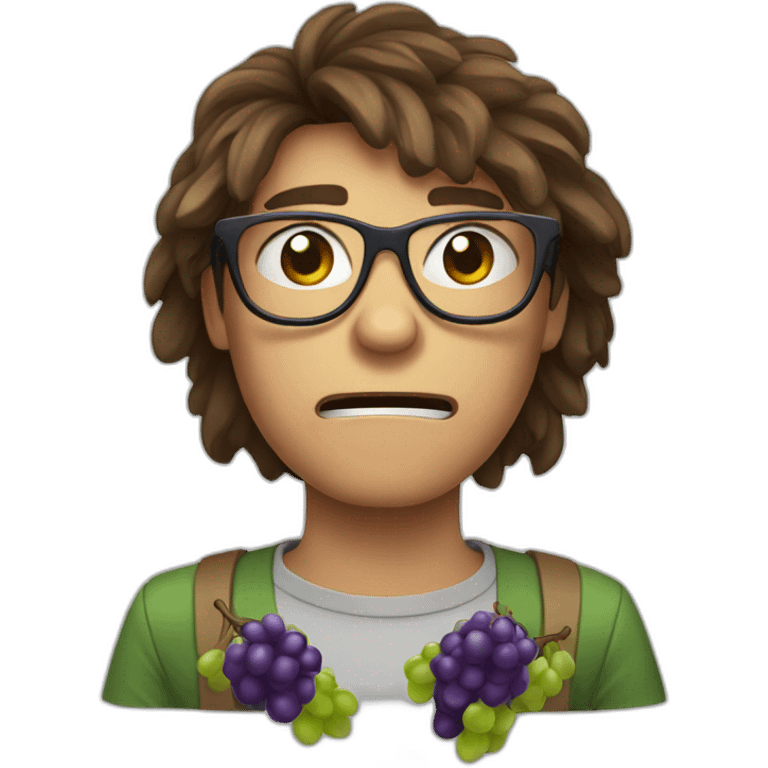 brown haired young and angry men with glasses violently throwing grapes emoji