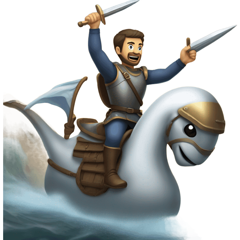 Confident armored White Man with dark brown hair and a short beard pointing forward with one arm yelling a battle charge while riding on the back of a giant armored duck emoji