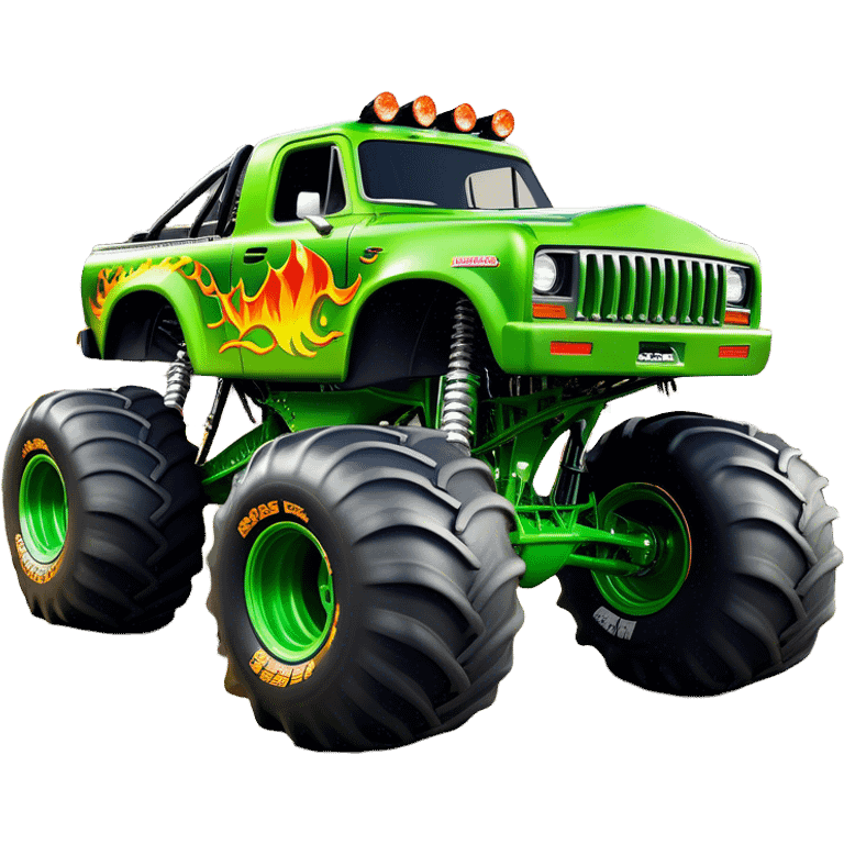 Grave Digger - Monster Jam (Model Year: 2022) (Iconic colour: Green with flames) - A legendary monster truck with a fearsome design: predominantly deep green with dynamic, vibrant flame graphics in bright orange and yellow. Highlight its rough, edgy bodywork and an aura of untamed rebellion. emoji