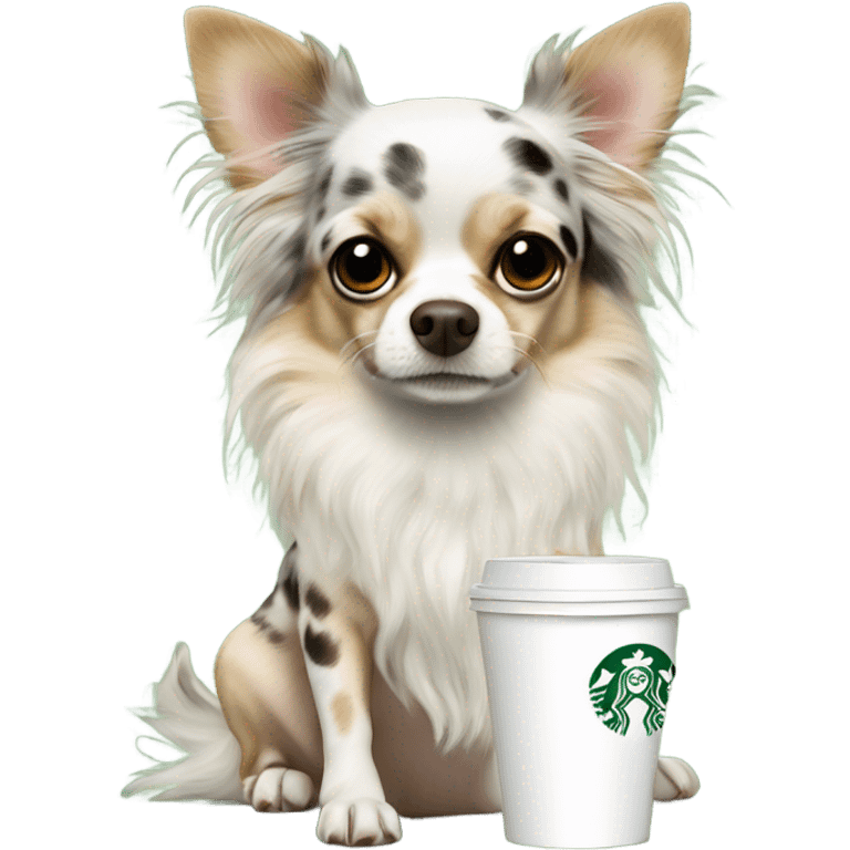 Fluffy spotted Merle long hair chihuahua drinking Starbucks  emoji