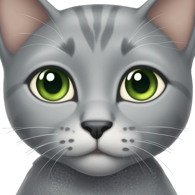 All grey cat with tan diamond on her forehead. Green eyes emoji