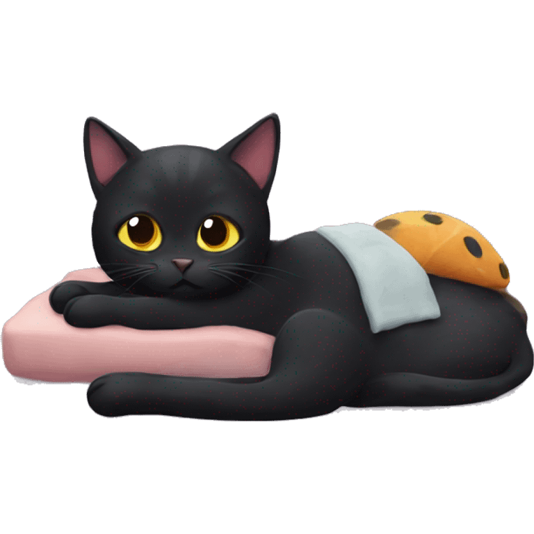 A black cat with a bug and you jumper sleeping emoji