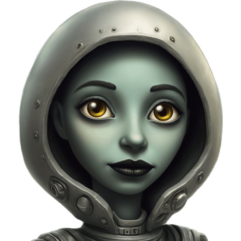 Wholesome UFO alien in Swedish game style, oil paint, black eyes, intricate lips, masterpiece portrait, beautiful, desirable, logical, love, peace, understanding emoji