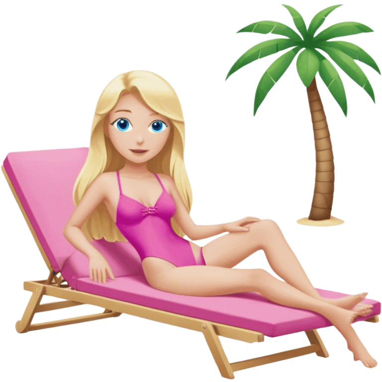 A cinematically realistic blonde with long hair and blue eyes is lying on a chaise longue in a pink swimsuit, sunbathing in the sun emoji