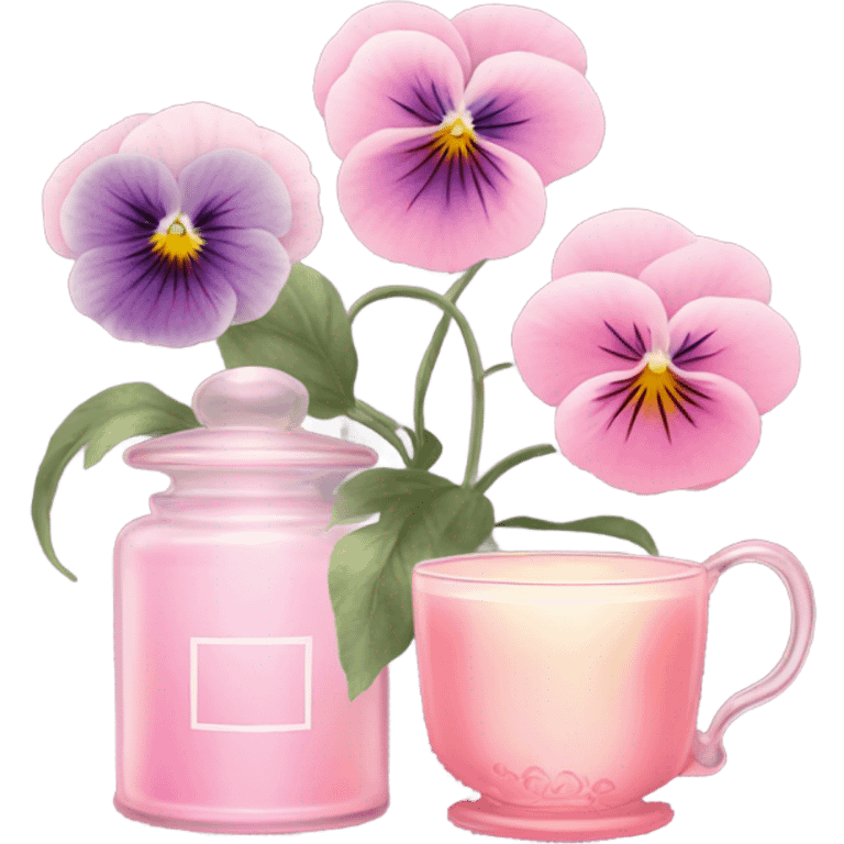 A cozy aesthetic: a pink candle in a glass jar, pastel pink pansies, a vintage perfume bottle, and a cup of steaming tea. emoji