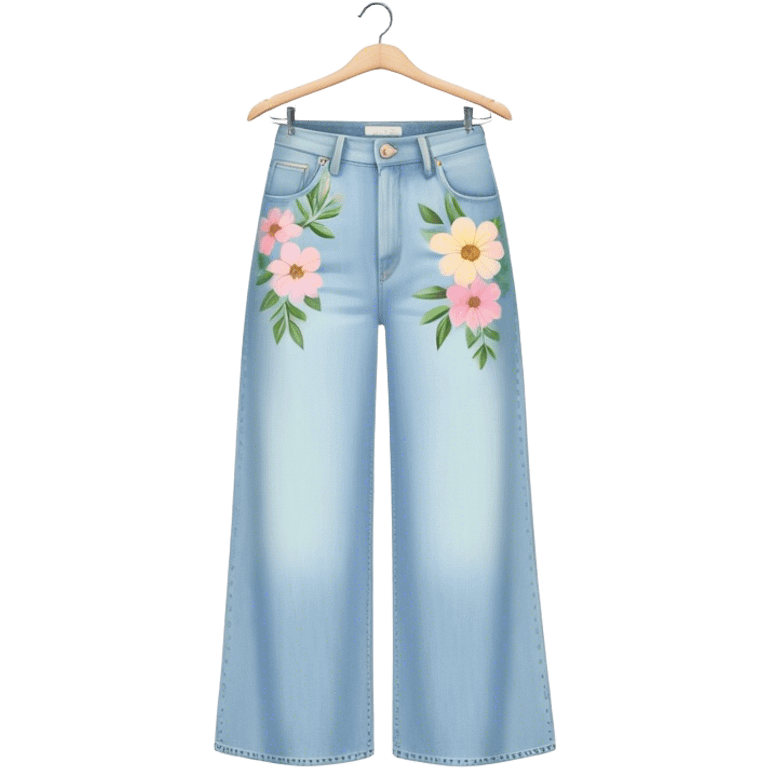 light wash denim wide leg jeans with pastel flowers painted on them on hanger emoji