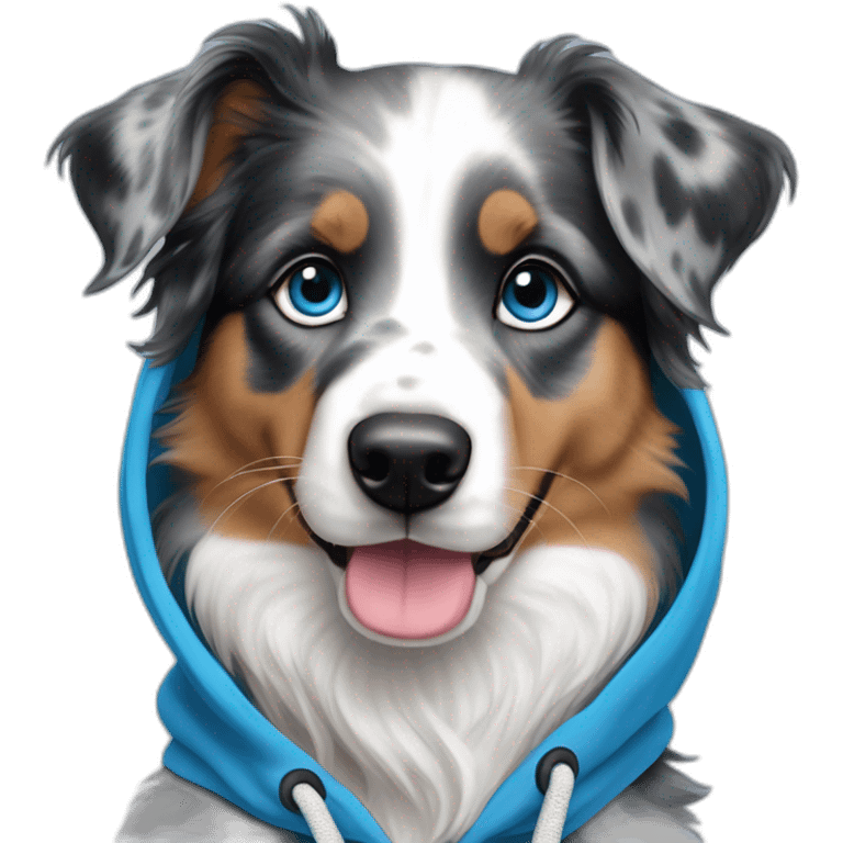 a 5 month old puppy, miniature American shepherd breed, blue merle color, with blue eyes, wearing a blue hooded sweatshirt and a snowboard emoji