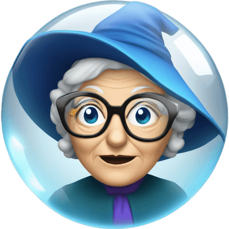 smart granny witch with glasses and blue hat in crystal ball emoji