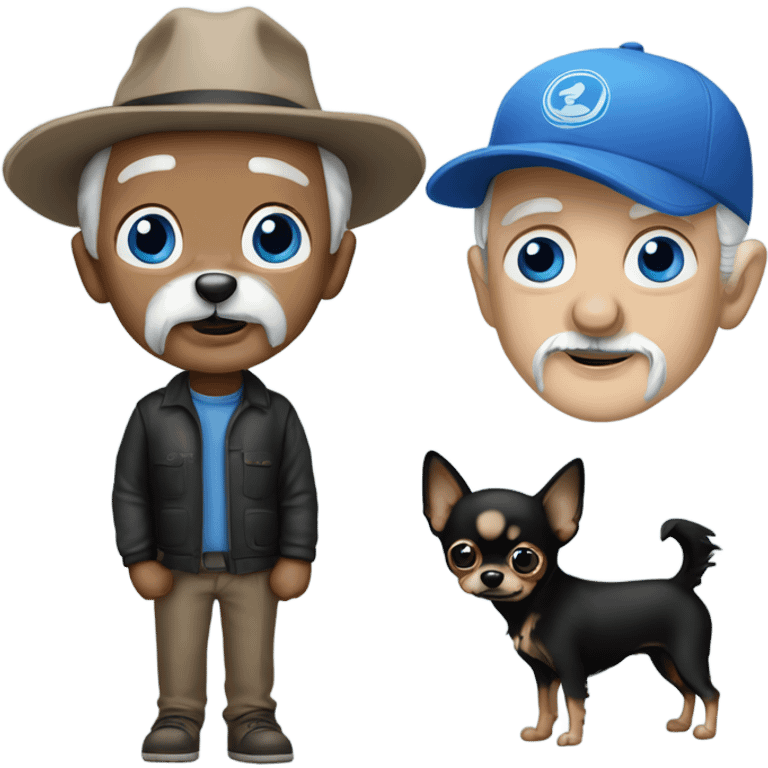 Blue eyed Old man with goatee ball cap holding black long haired chihuahua emoji