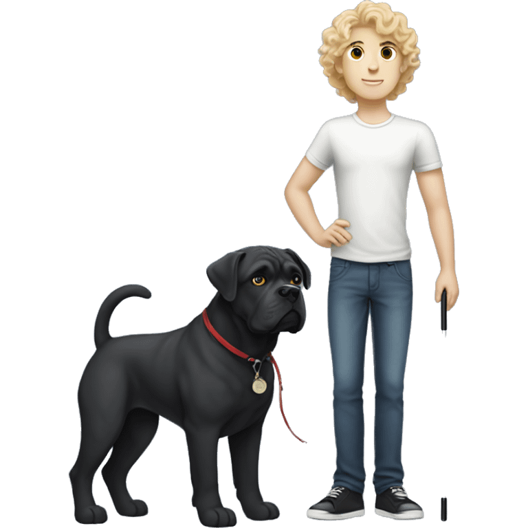 white boy with curly blonde hair standing alongside a black cane-corso emoji