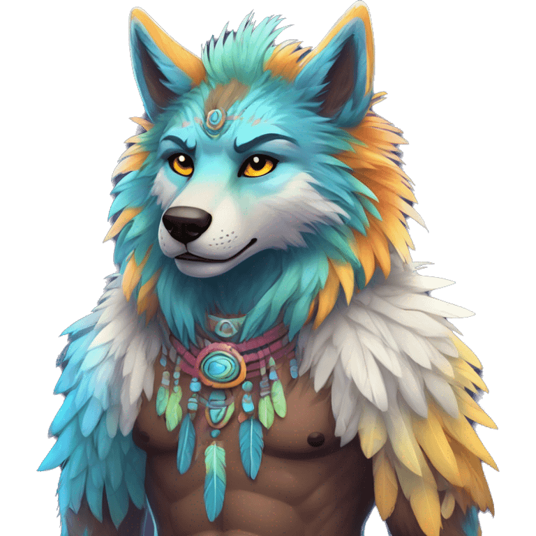 Anthro Fluffy Colorful Shy Spiritual Shamanic WereWolf-sona With Shiny Tribal Markings wearing feathers Full Body emoji