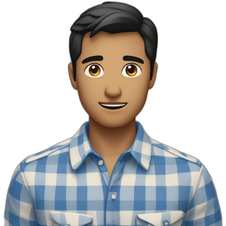 Tan man with short black hair and a gingham white/marine blue buttoned collar shirt emoji