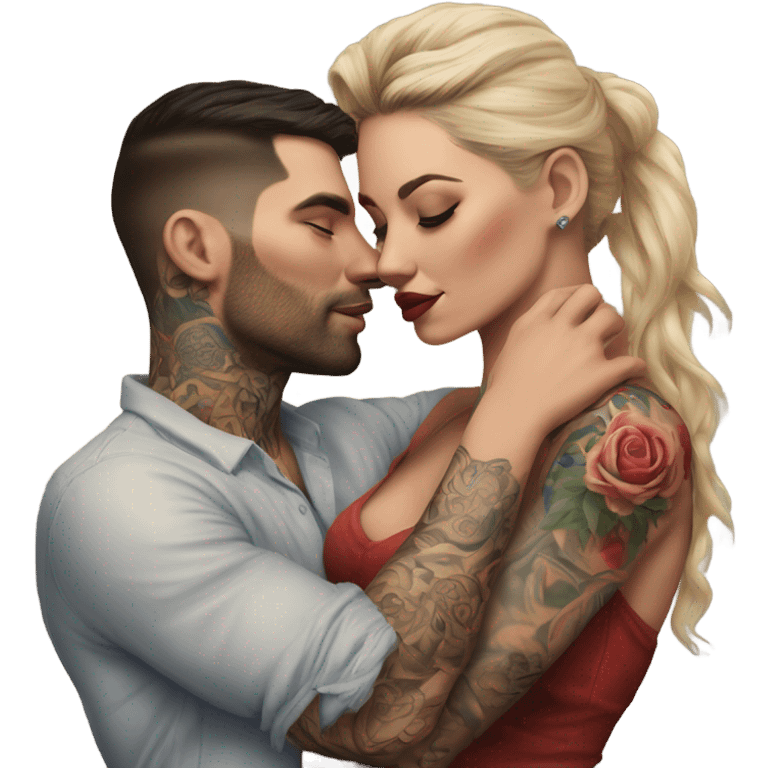 Hyper Realistic beautiful woman in the arms of a very handsome tattooed man kissing  emoji