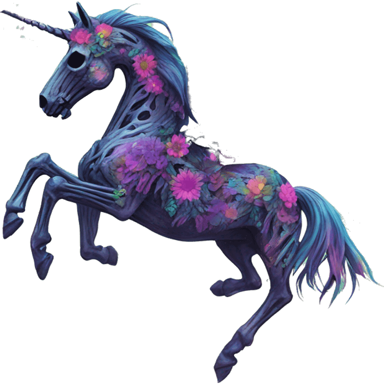 Zombie Pegasus unicorn skeleton person psychedelic flowers floral groovy art neon rave raving emoji