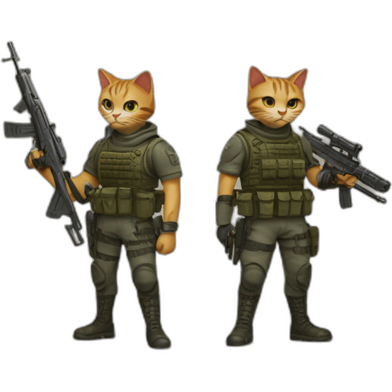 Armed cat with a weapon in its hand and next to it an armed soldier with many weapons too emoji