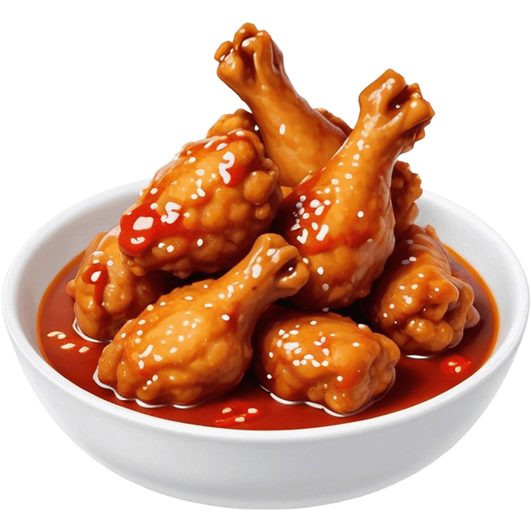 Korean Fried Chicken Cinematic Realistic Korean Fried Chicken Dish Emoji, depicted as bite-sized chicken chunks generously coated in a glossy, spicy sauce, in a bowl. emoji