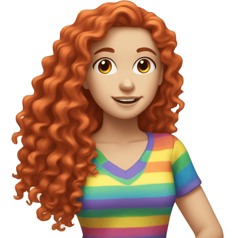 white girl with long red curly hair, wearing a rainbow shirt doing a pose emoji