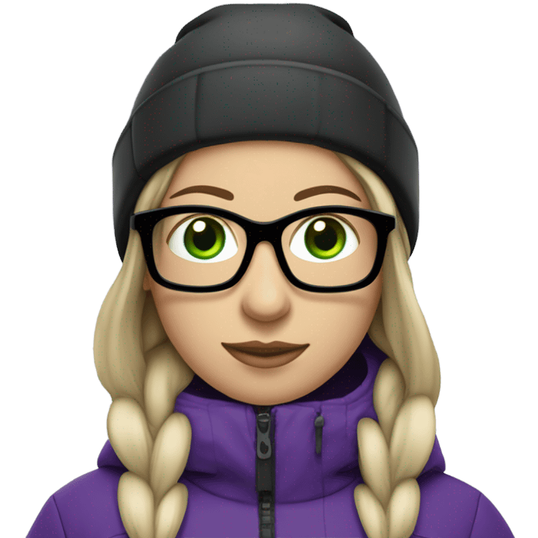 Green-eyed, slightly overweight female skier with long straight hair, glasses, purple snow jacket, long black pants, black only snow boots, black skis standing tall. emoji