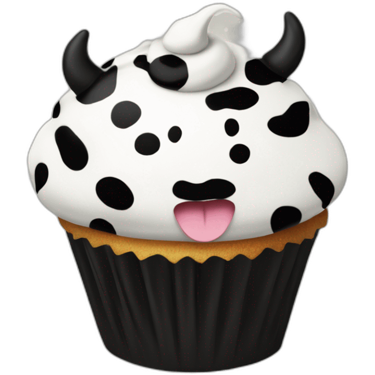 Happy cupcake with black and white cow spots emoji