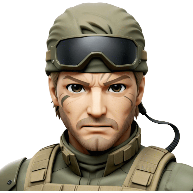 Cinematic Realistic Metal Gear Solid Snake Soldier Portrait, head tilted dramatically with an exaggeratedly amused expression, blending stealthy seriousness with a touch of unexpected humor. His rugged features, set against intricately detailed tactical gear in muted earth tones, are rendered with lifelike texture and dynamic lighting, high shine, dramatic yet whimsical, capturing the essence of a soldier whose epic covert skills are matched by a playful, irreverent spark. emoji