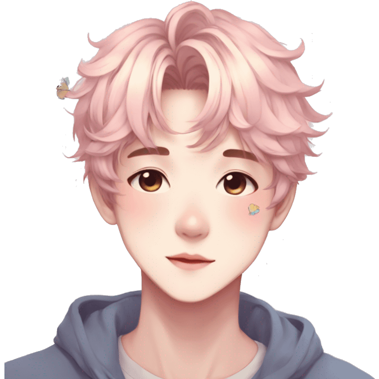 Gorgeous pastel anime style boy with blushing face and butterflies aesthetic trending style emoji