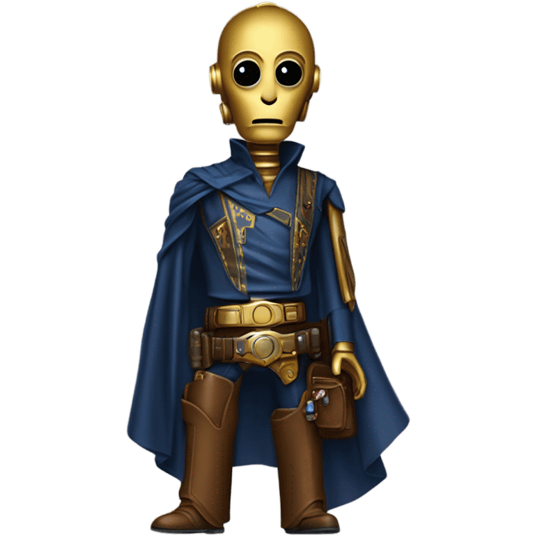 darkblue-pearl friendly smiling bounty hunter c3po droid wearing leather wild west duster, backpack, saddlebags and light saber ready to fight at ease. steampunk emoji