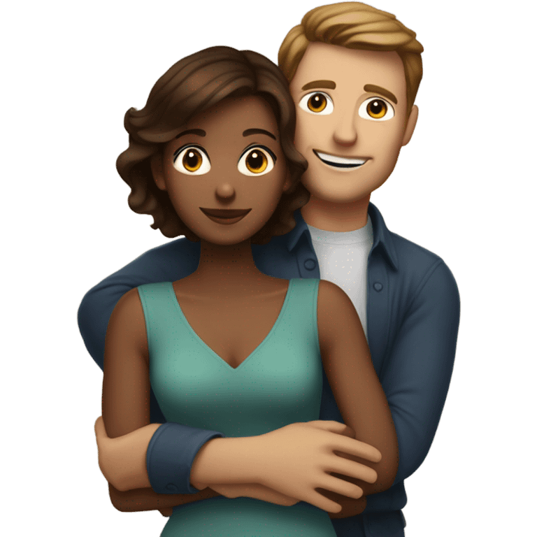 Dark haired white male hugging beautiful medium brown skinned woman with short brown hair  emoji