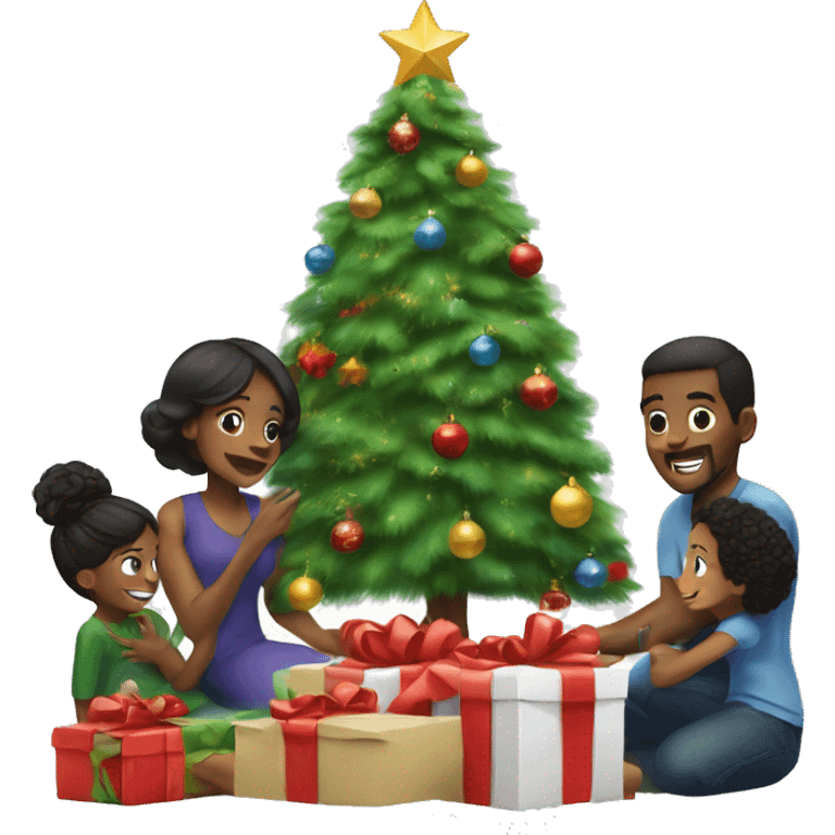 Black family opening presents under a Christmas tree emoji