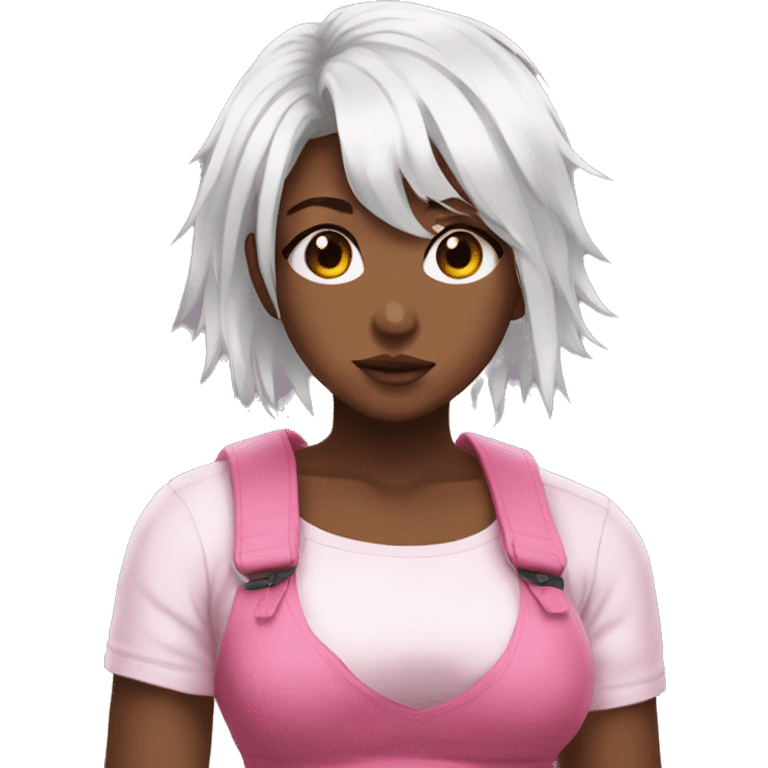 cute anime girl with white hair and a pink crop top with ripped emoji