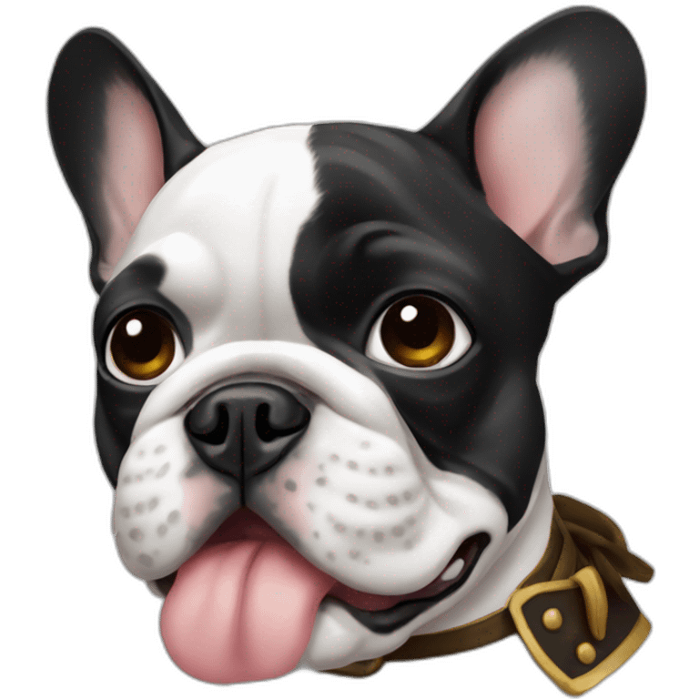 A french bulldog with black and white colors, one eye black, like a pirate emoji