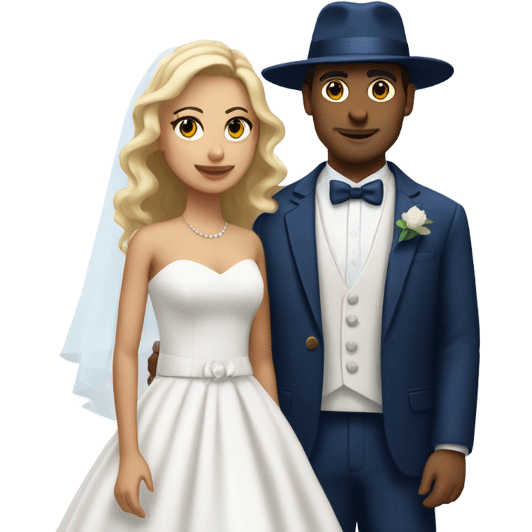 Puerto rican beard short hair with blue hat and navy blue suit getting Married with blond long hair girl with white  wedding dress  emoji