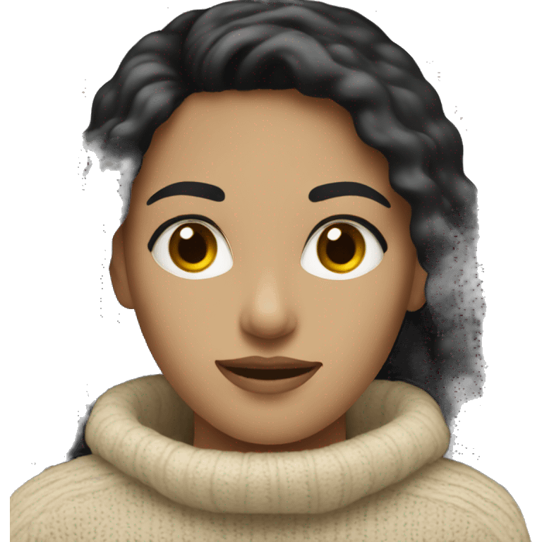 white woman black hair in beige sweater  emoji