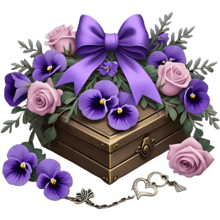 A midnight purple silk bow wraps around a bundle of wilted lavender sprigs, velvety pansies, and blush-violet roses, resting on an aged wooden table. Nearby, an antique silver locket shaped like a heart, engraved with tiny celestial stars, glistens faintly under the dim candlelight. emoji