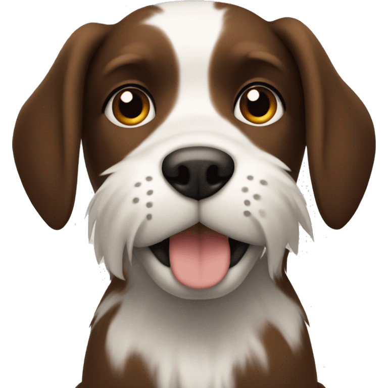 a dog sitting, with brown eyes, dark mixed fur (all kinds of brown) with white fur on the end of his tail  emoji