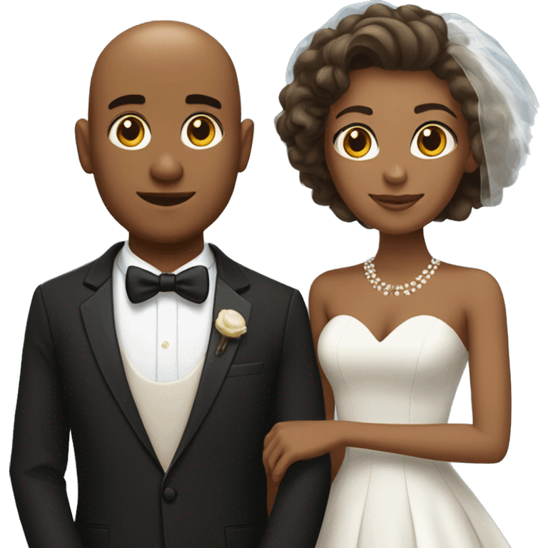 brown skin bald man in tuxedo and brown skin woman with short hair Marriage emoji