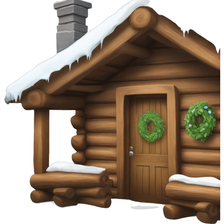 Log cabin in the snow with greenery around door and icicles hanging off roof  emoji