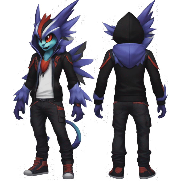 Cool Anthro Black Noivern-Absol-Litten-Pokémon with edgy stripes hoodie spiked collar punk Full Body emoji