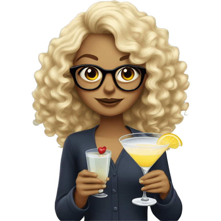 Blonde girl with curly hair and glasses drinking a martini emoji