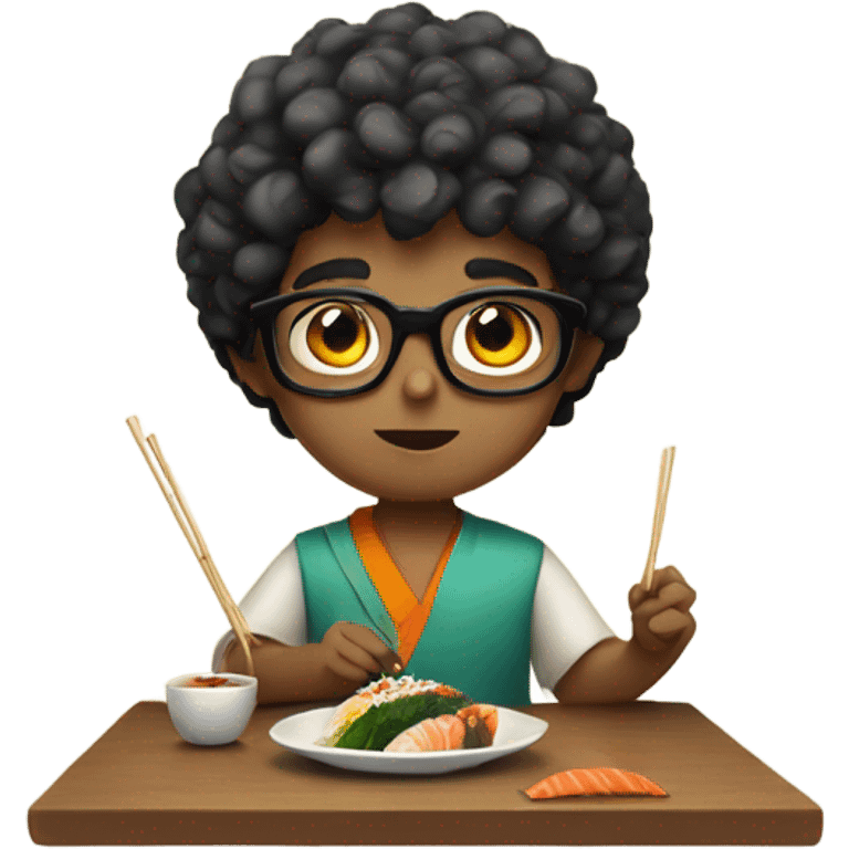 curly short haired indian boy with glasses eating sushi emoji