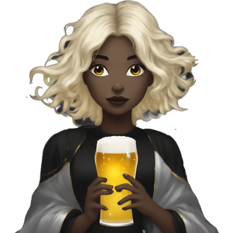 Ethereal galactic Girl wearing black and gold sat on a nebula galaxy drinking beer surrounded by golden stars and planets emoji