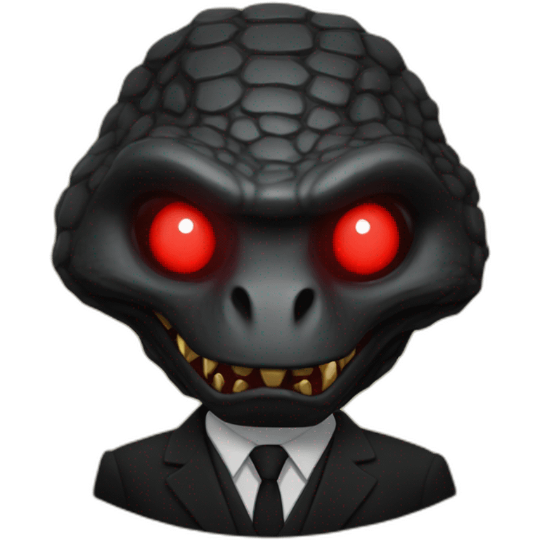 Reptiloid in black suite with red laser eyes on the gold coin emoji